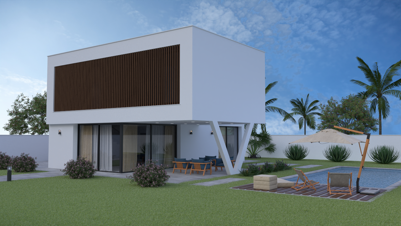 Vista exterior de la villa moderna con planta superior volada, pilares en V, piscina privada y terraza cubierta integrada en el jardín.