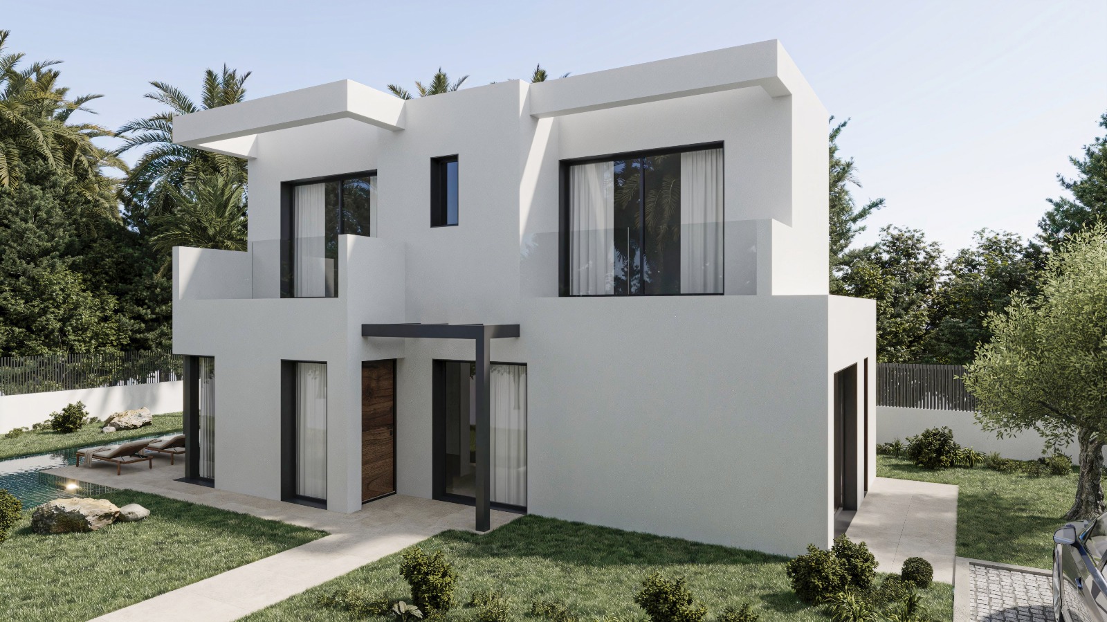 Fachada exterior del Modelo B con diseño cúbico blanco, ventanales de carpintería negra, balcones con barandillas de cristal y acceso principal bajo pérgola metálica.