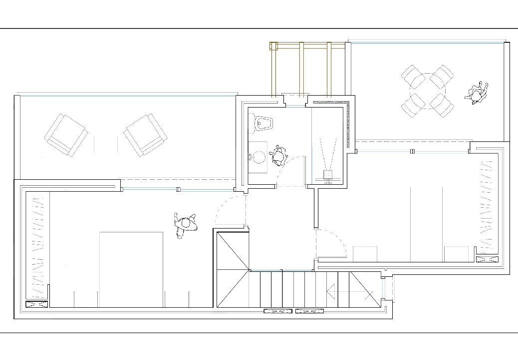 Plano de la planta superior que muestra dos dormitorios dobles con armarios empotrados, un baño compartido y acceso directo a amplias terrazas privadas.