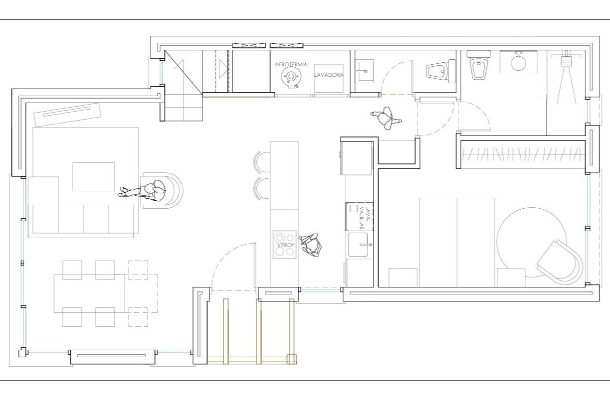 Plano de planta baja con salón-comedor, cocina abierta con isla, zona de aerotermia y lavandería, y un dormitorio principal con baño privado completo.