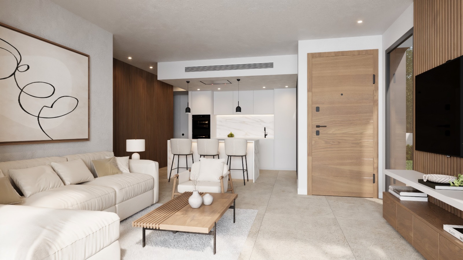 Salón-comedor de concepto abierto con paneles de madera, cocina blanca con isla de mármol y electrodomésticos BOSCH integrados bajo iluminación empotrada.