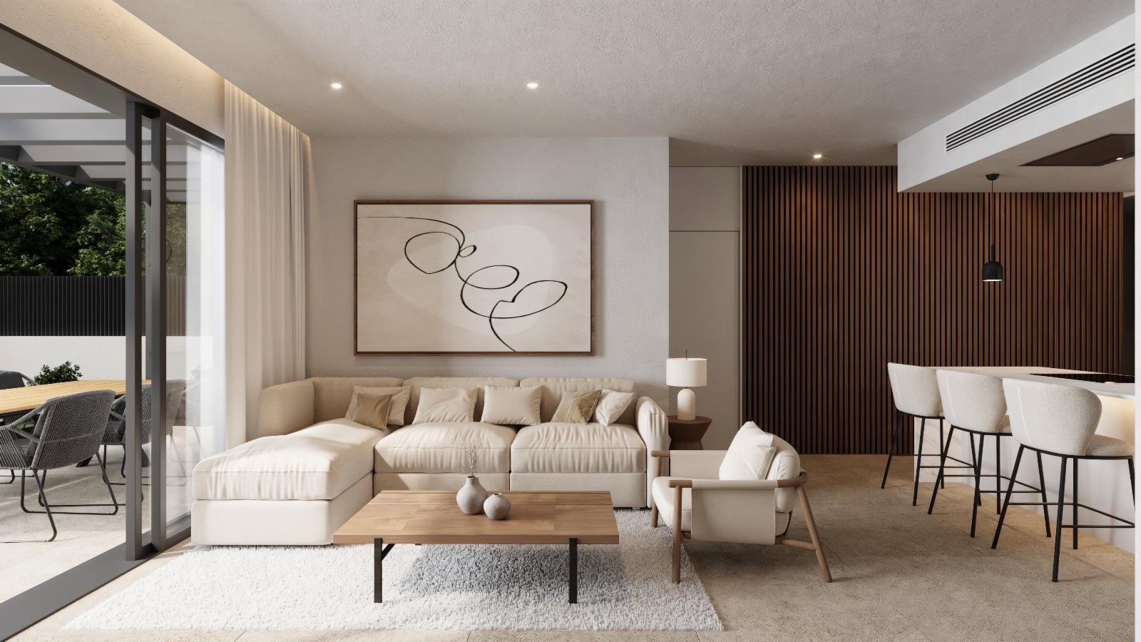 Salón de concepto abierto con sofá modular, panelado de madera decorativo y acceso directo a la terraza mediante amplios ventanales correderos.