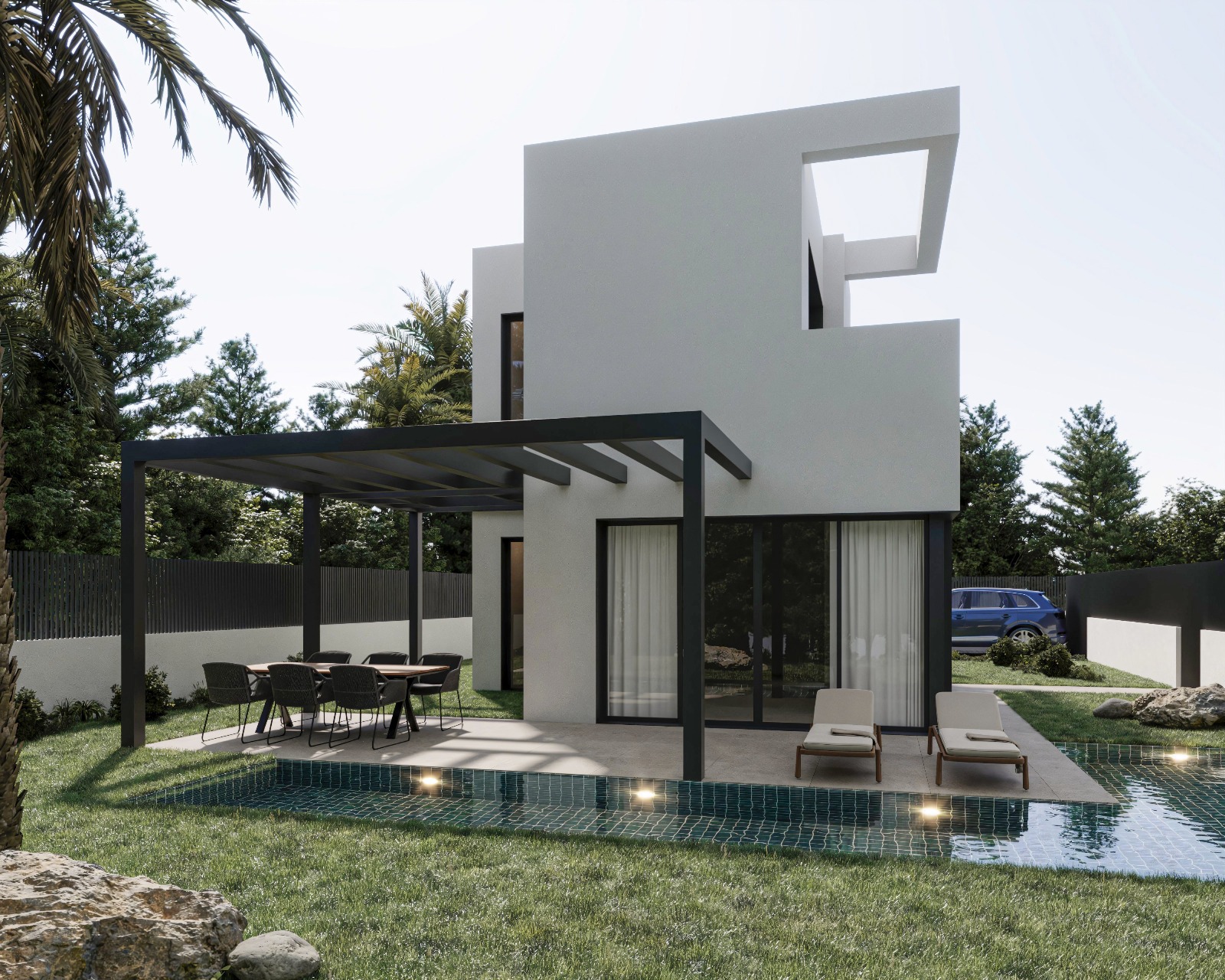 Villa moderna de dos niveles con fachada blanca, pérgola metálica negra sobre el comedor exterior y piscina privada iluminada rodeada de césped.