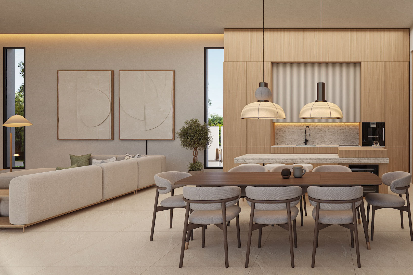 Salón-comedor de concepto abierto con mobiliario de madera, cocina integrada con isla de piedra y grandes ventanales que aportan luz natural constante.