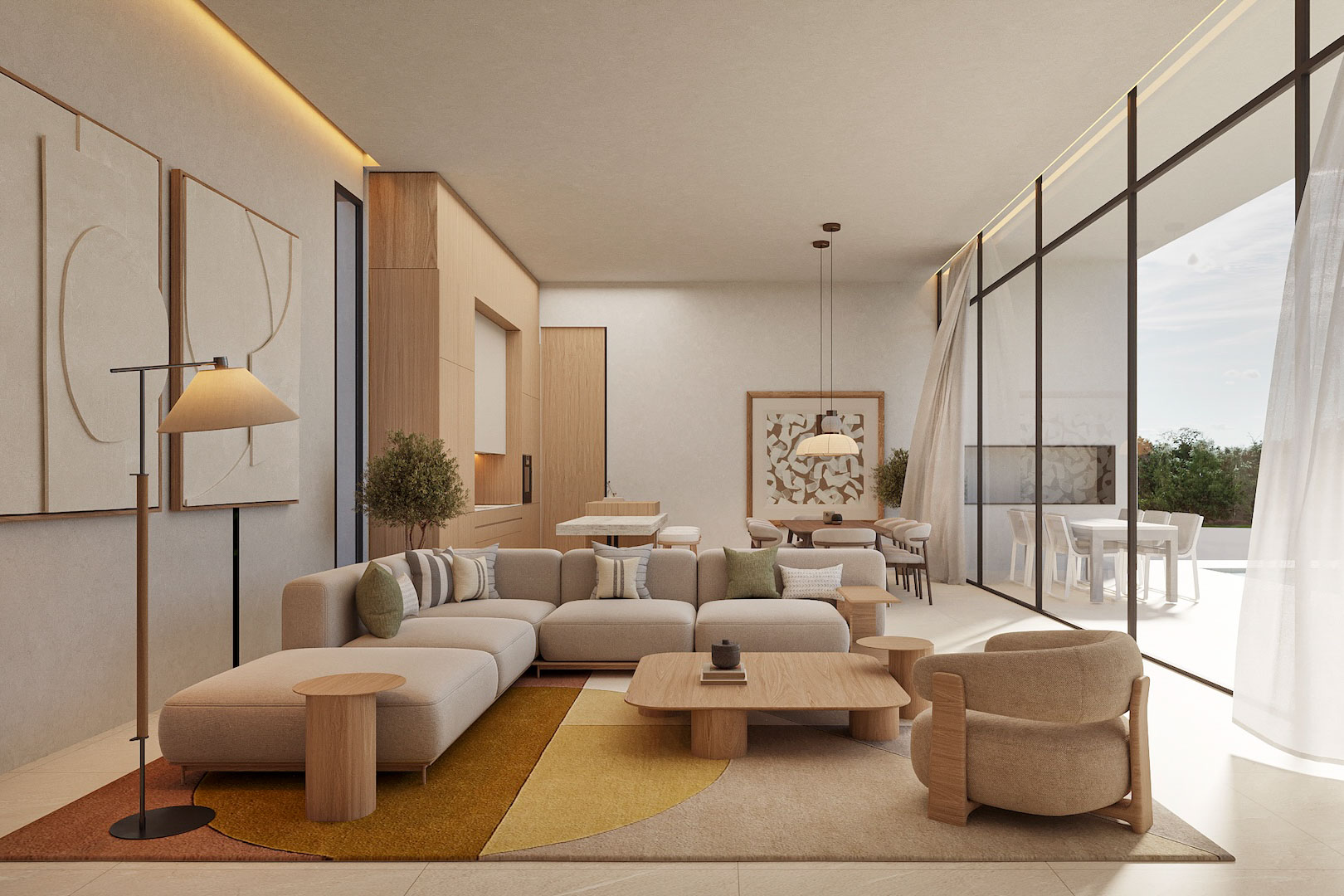 Salón de concepto abierto con mobiliario de madera clara, amplios ventanales de suelo a techo y acceso directo a la terraza exterior.
