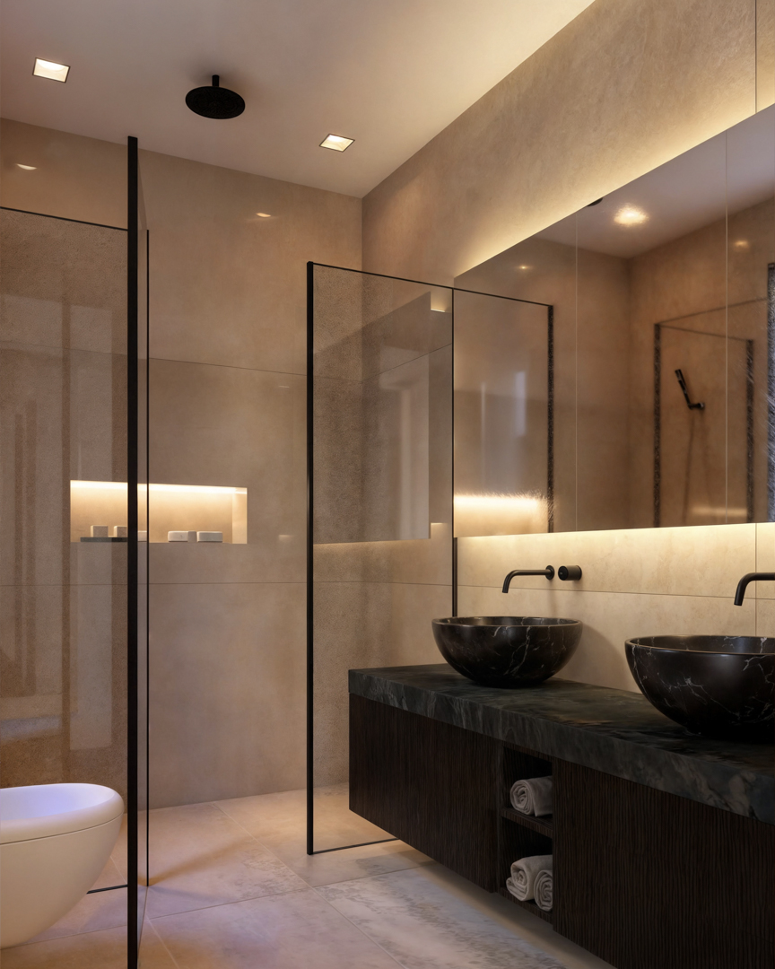 Baño moderno con lavabo doble de mármol negro sobre mueble suspendido. Incluye ducha de obra con mampara de cristal, grifería negra mate e iluminación LED integrada.