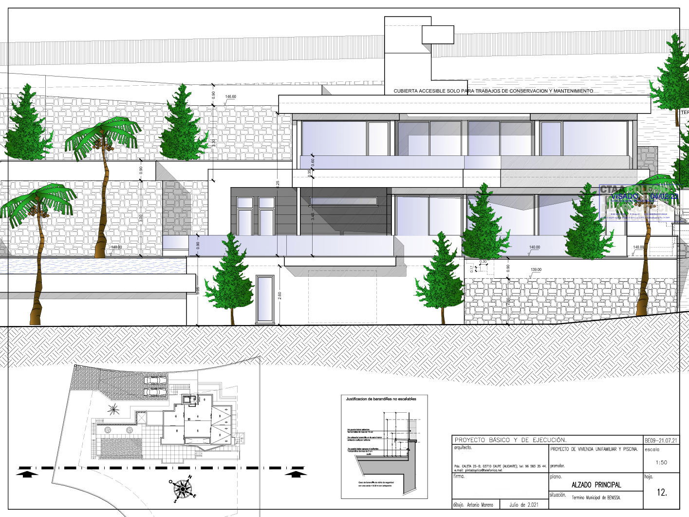Plano técnico del alzado principal que detalla la arquitectura moderna de varios niveles, amplios ventanales, muros de piedra y la integración de terrazas exteriores.