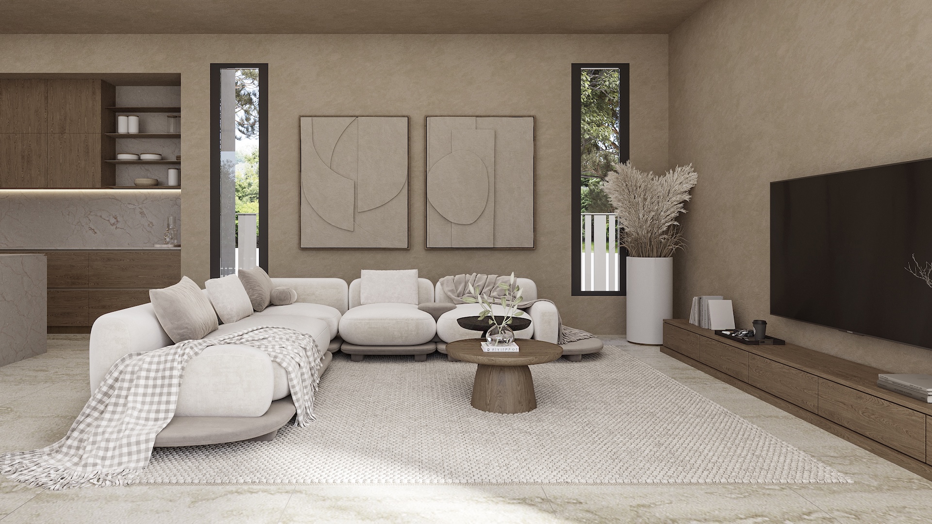 Salón de concepto abierto con sofá modular curvo, paredes de textura terrosa, arte en relieve y cocina integrada con acabados en madera y mármol.