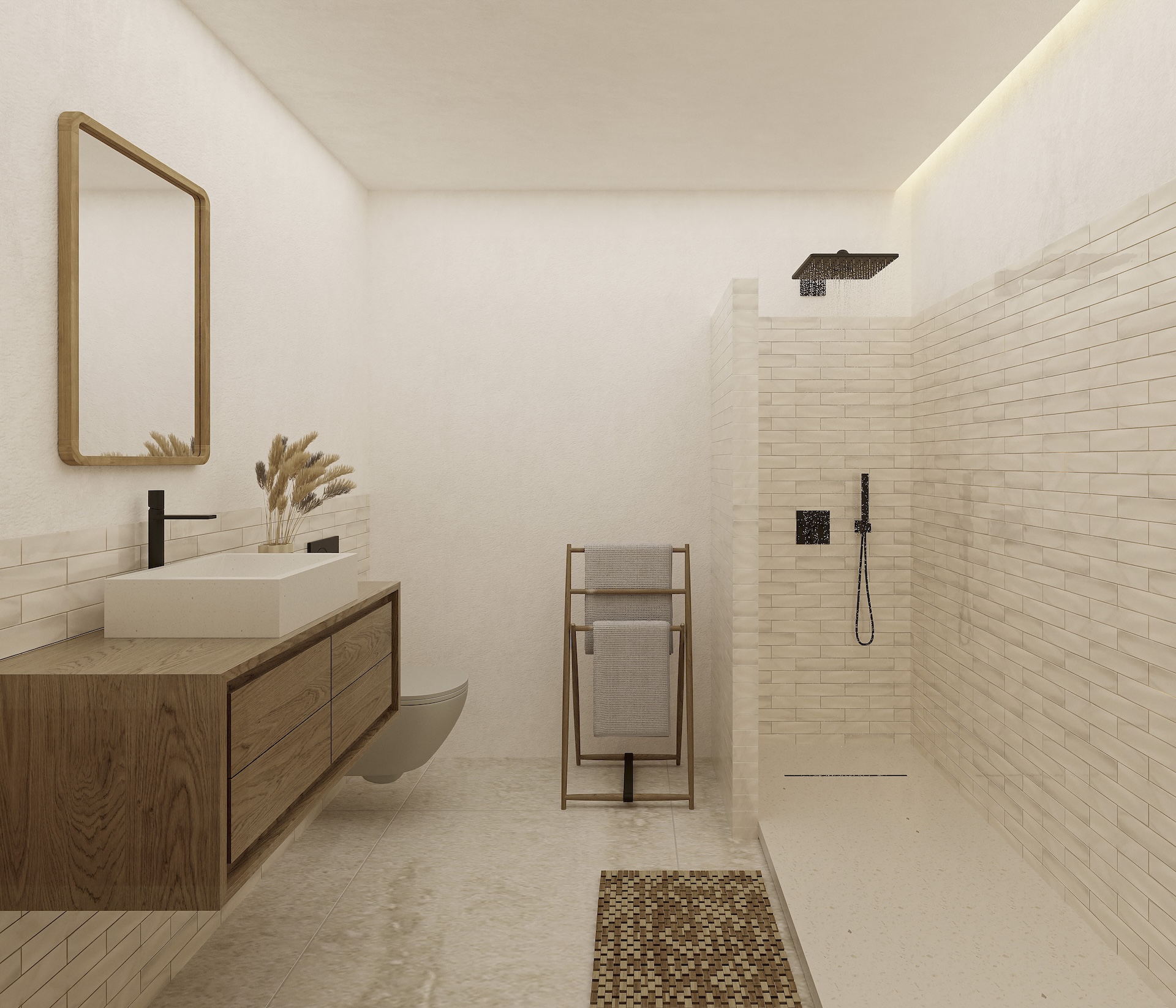 Baño de diseño ibicenco con mueble de madera suspendido, lavabo sobre encimera y ducha de obra con azulejos beige y grifería en negro mate.