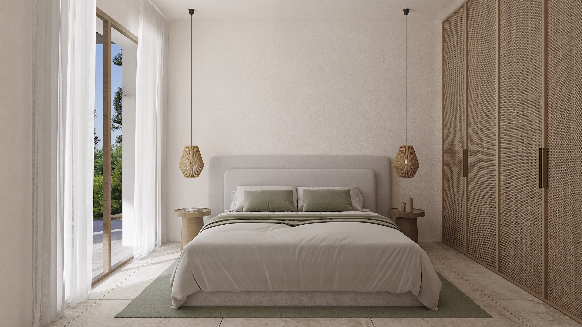 Dormitorio de diseño ibicenco con armarios empotrados de fibras naturales, lámparas colgantes de mimbre y grandes ventanales con acceso directo a la terraza.