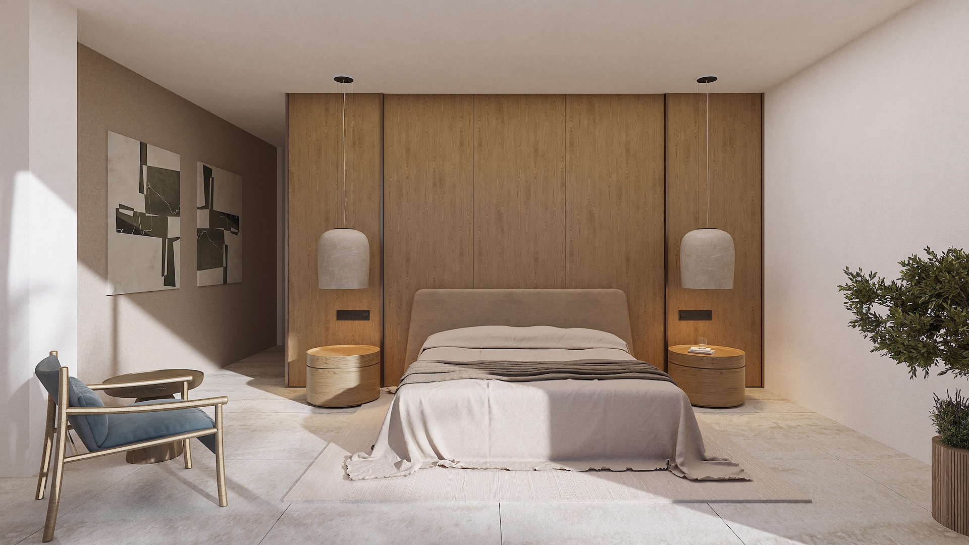 Dormitorio principal con panelado de madera natural, lámparas colgantes de diseño, mesitas circulares y suelos de piedra en tonos neutros.