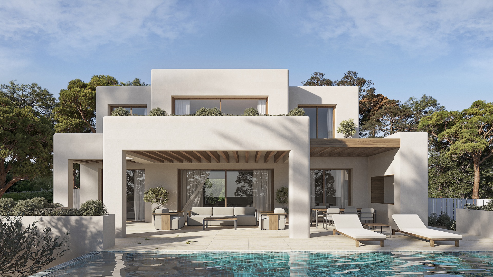 Fachada exterior de estilo ibicenco con porche cubierto de vigas de madera, zona de estar exterior, comedor y piscina rodeada de vegetación mediterránea.