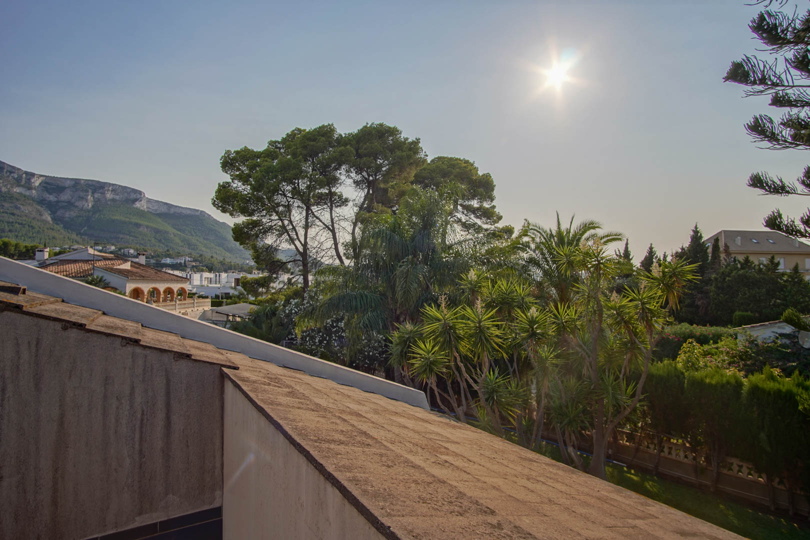 Vistas despejadas al macizo del Montgó desde la planta superior, con un entorno de vegetación mediterránea madura que incluye palmeras y pinos.
