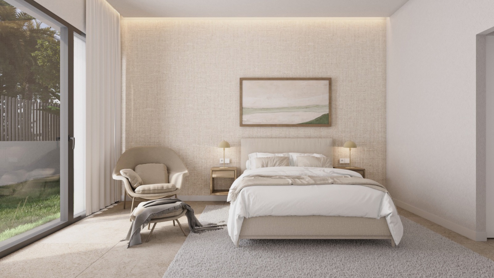 Dormitorio principal con pared texturizada, iluminación LED indirecta y amplio ventanal de suelo a techo con acceso directo al jardín.