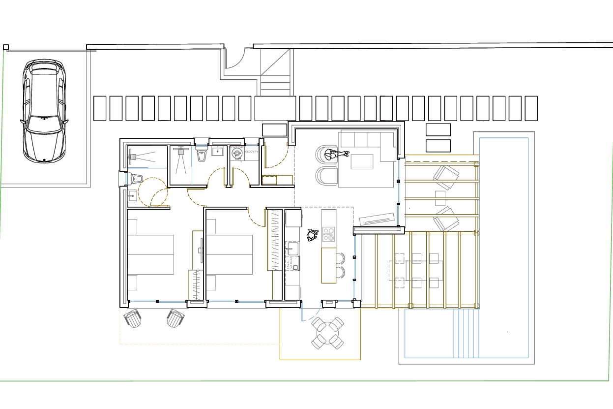 Plano detallado del Modelo Tiny que muestra la distribución de dos dormitorios, dos baños, cocina abierta con isla y zona exterior con pérgola y piscina.