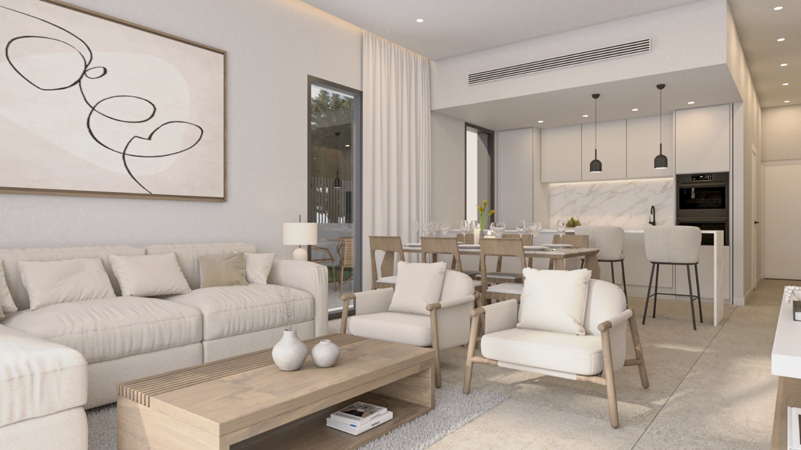 Salón-comedor de concepto abierto con cocina integrada, acabados en tonos neutros, suelos cerámicos de gran formato y mobiliario de diseño contemporáneo.
