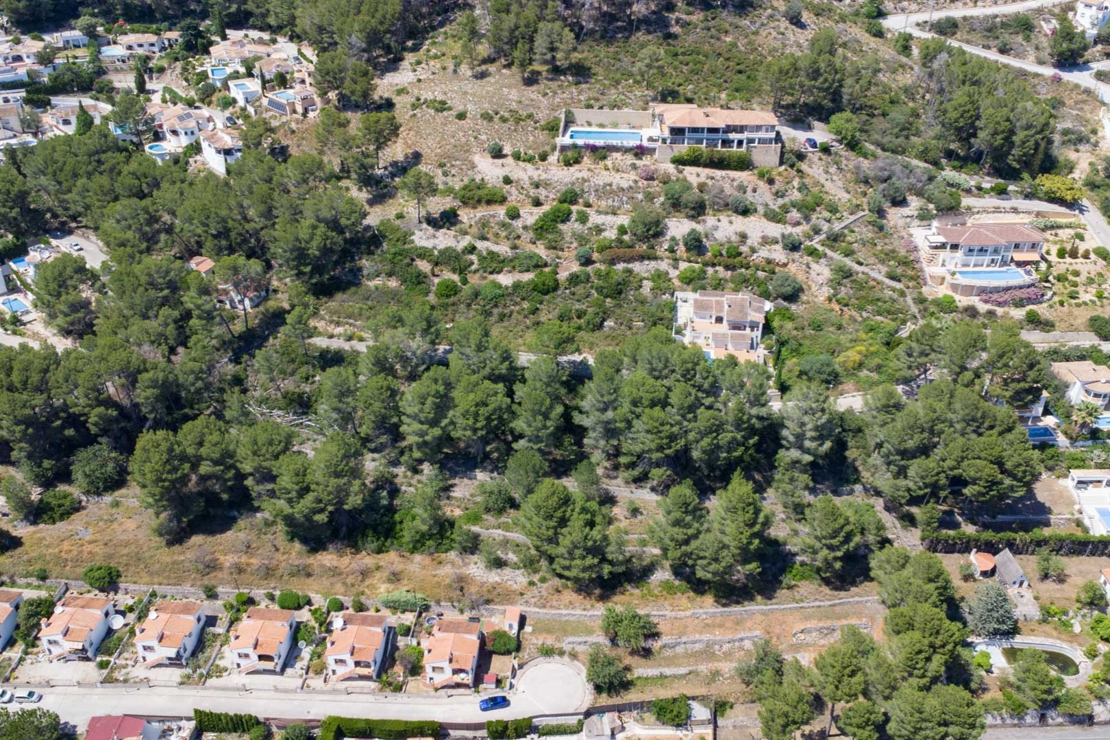 Vista aérea de las parcelas elevadas en Alcalalí, mostrando el terreno abancalado rodeado de pinos y la integración de las viviendas en el paisaje natural del valle.