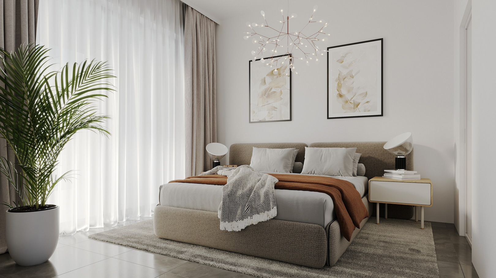 Dormitorio moderno con cama tapizada, lámpara de techo de diseño y grandes ventanales con cortinas traslúcidas que aportan abundante luz natural.