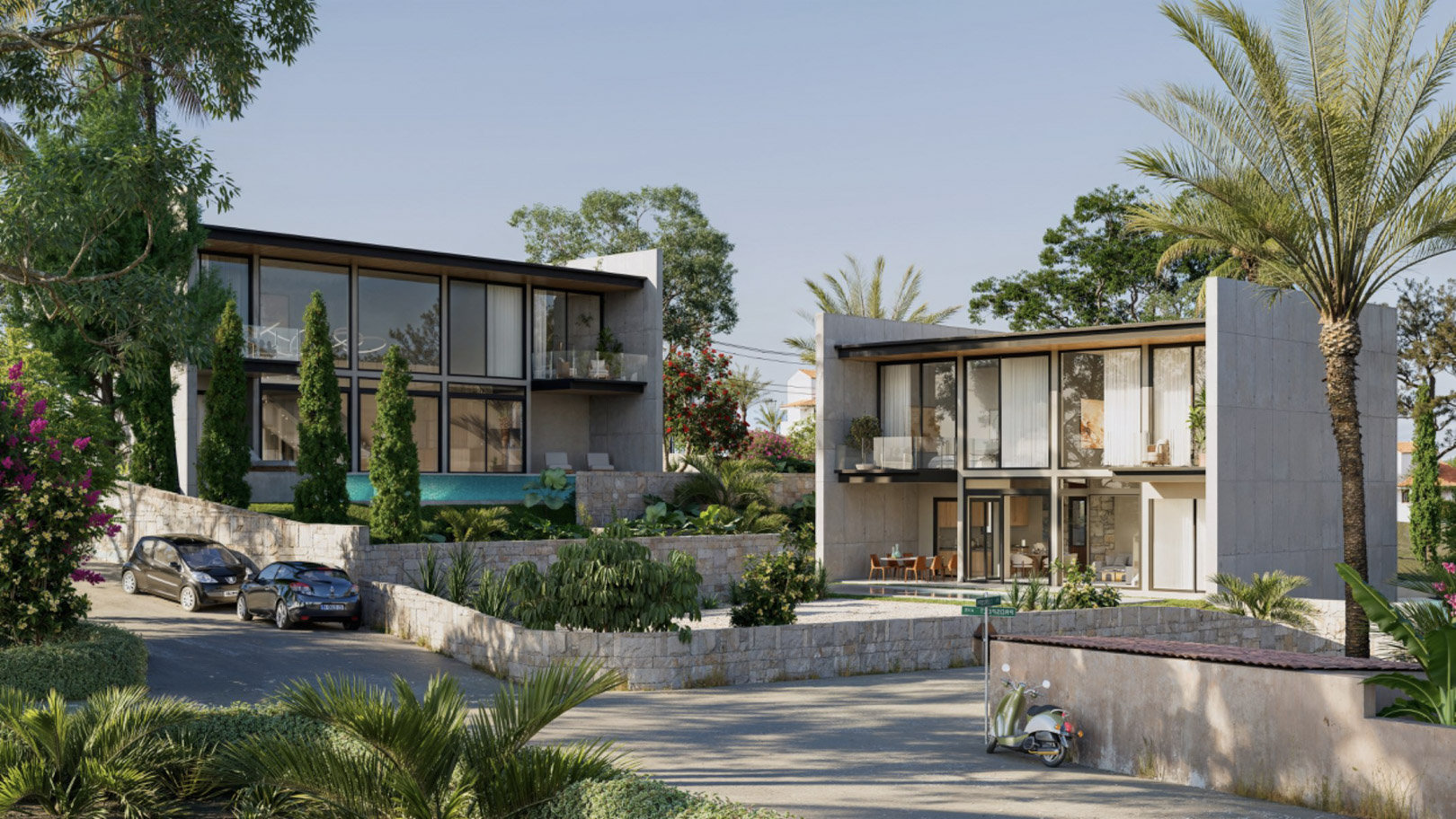 Fachada exterior de dos villas modernas con ventanales de suelo a techo, muros de piedra natural y jardines mediterráneos integrados con palmeras y cipreses.