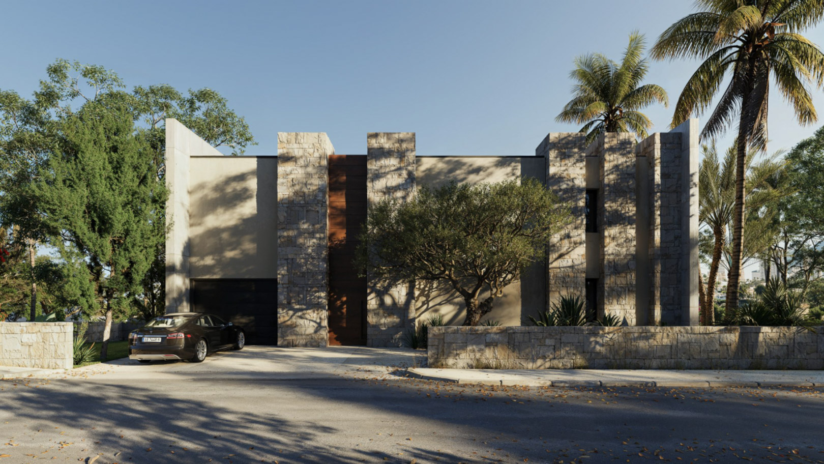 Fachada principal de diseño contemporáneo que combina muros de piedra natural, acabados lisos y un jardín mediterráneo con olivos y palmeras.