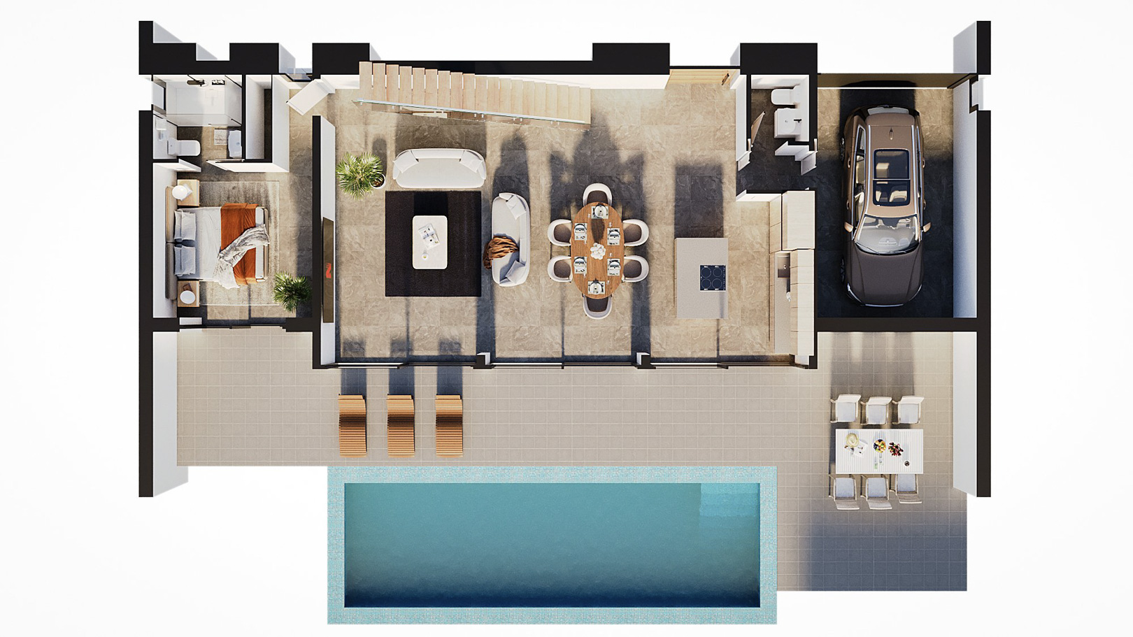 Plano 3D de la planta baja que muestra el salón-comedor, cocina con isla, un dormitorio con baño, garaje integrado y terraza con piscina.