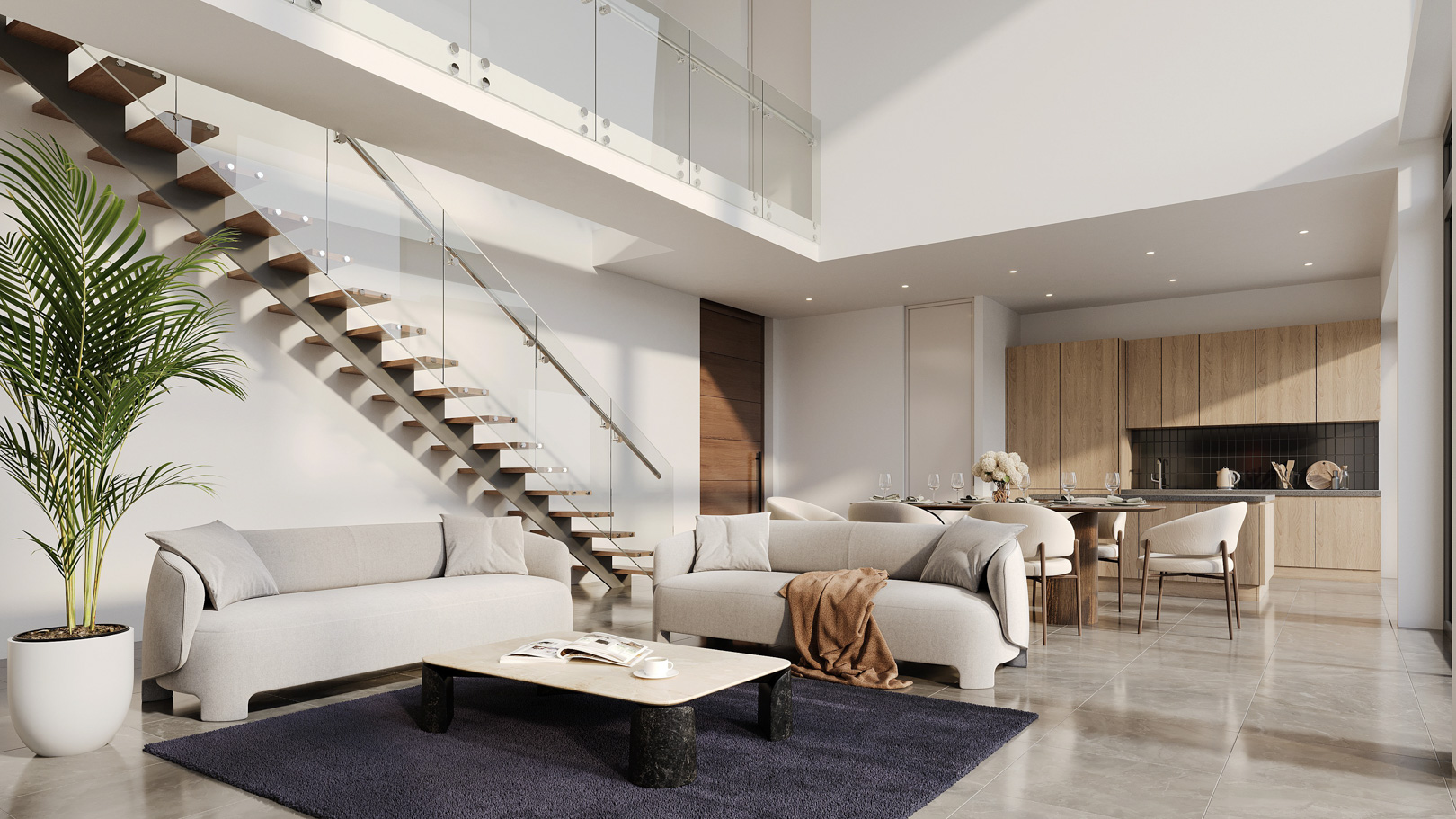 Salón de doble altura con escalera flotante de madera y cristal. Espacio diáfano que integra zona de estar, comedor y cocina con acabados en madera natural.