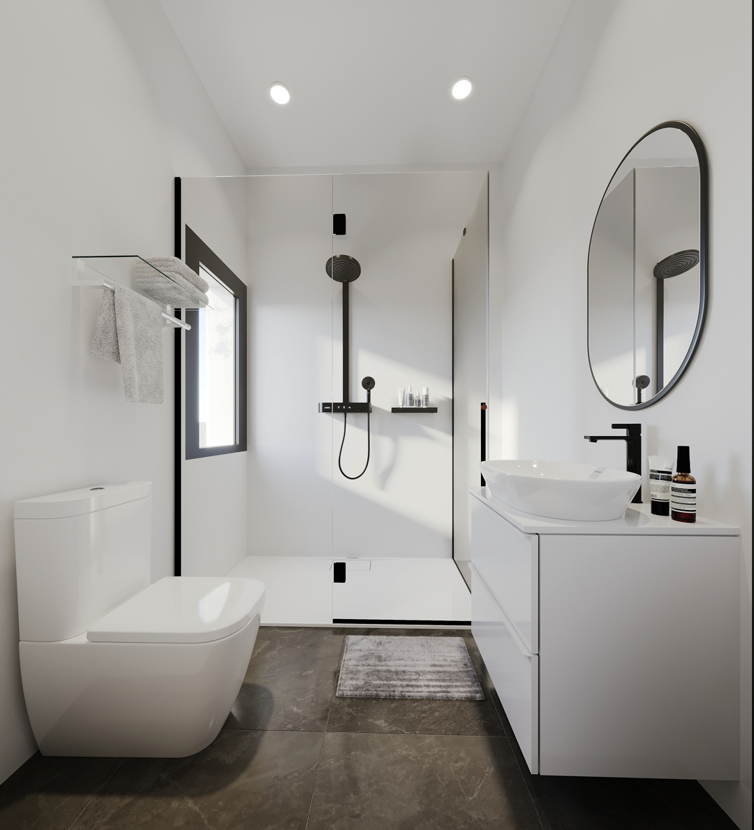 Cuarto de baño moderno con ducha a ras de suelo, grifería negra mate, mueble de lavabo suspendido en blanco y suelo de gres porcelánico oscuro.