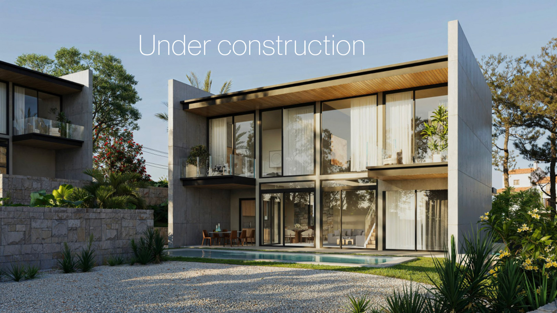 Fachada moderna de hormigón y cristal con amplios ventanales, terrazas privadas y una piscina integrada frente al salón de planta abierta.