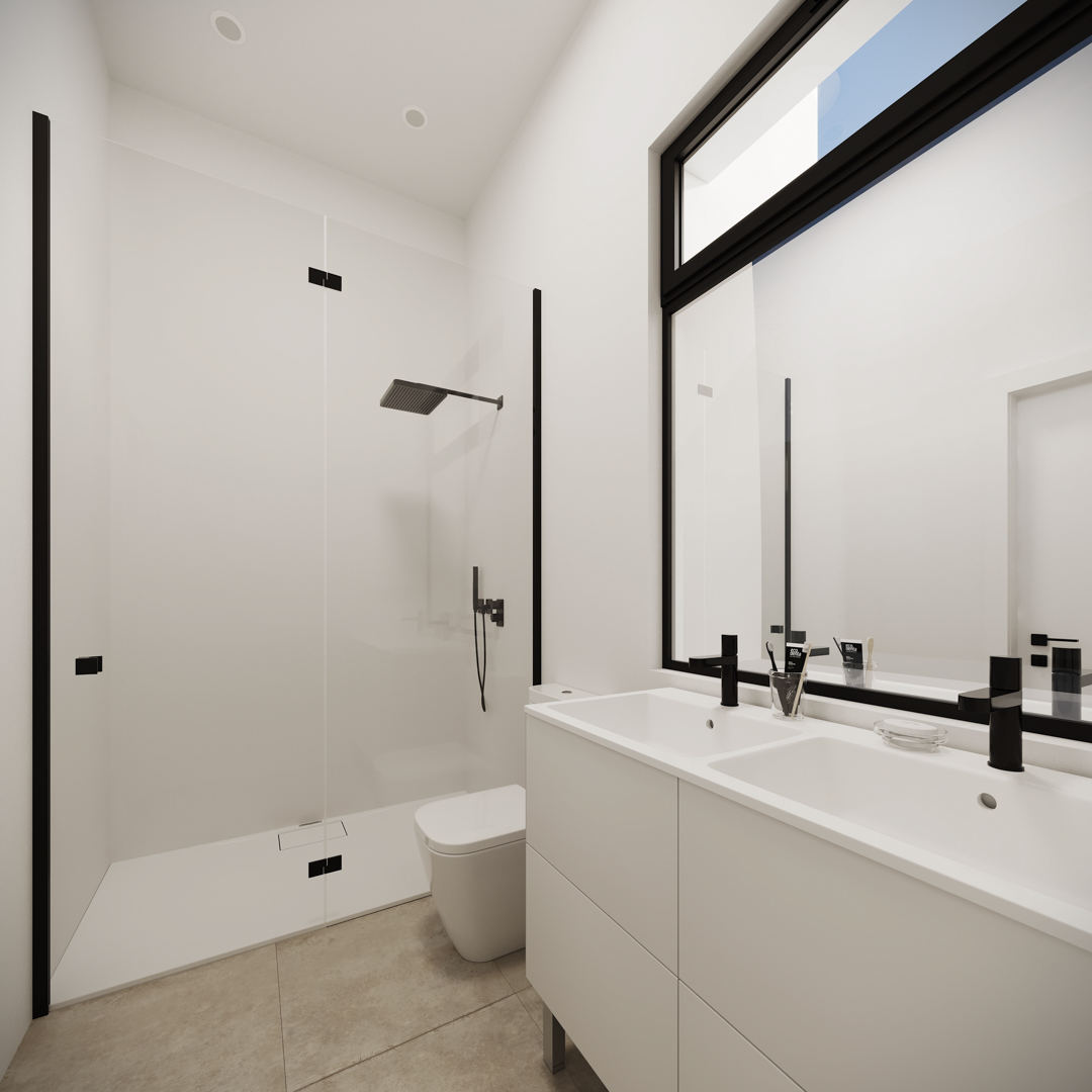 Baño moderno con mueble de doble lavabo blanco, grifería negra mate y ducha a ras de suelo con mampara de cristal. Suelos cerámicos en tonos neutros e iluminación empotrada.