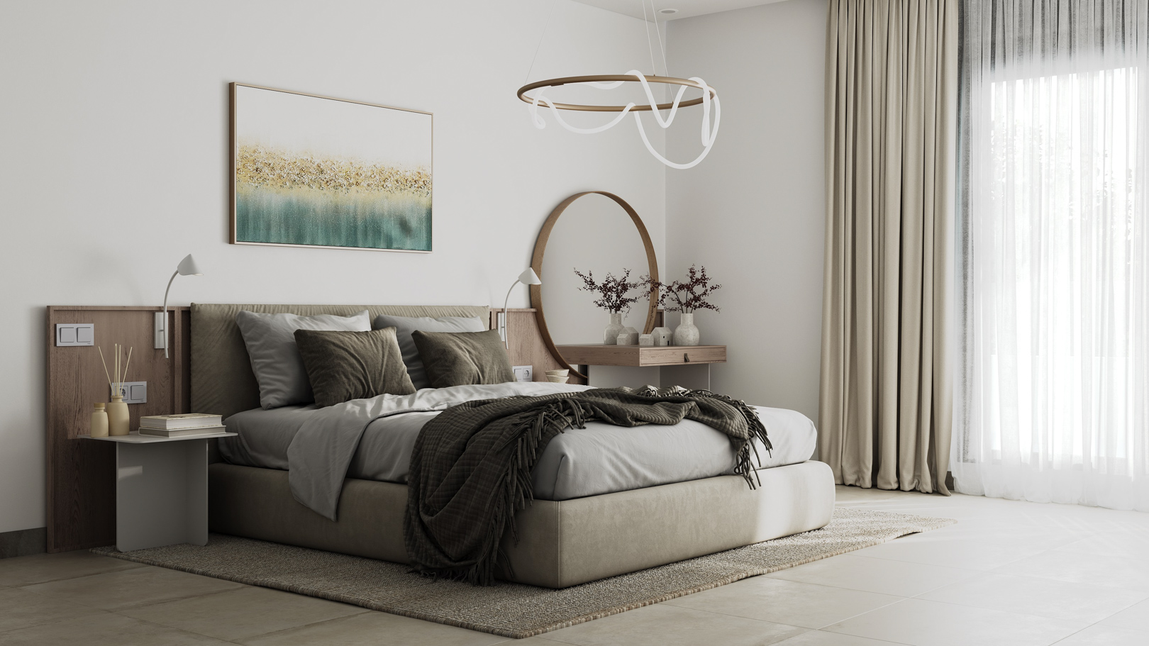 Dormitorio principal de diseño moderno con cabecero de madera integrado, tocador con espejo circular y gran ventanal que aporta abundante luz natural.