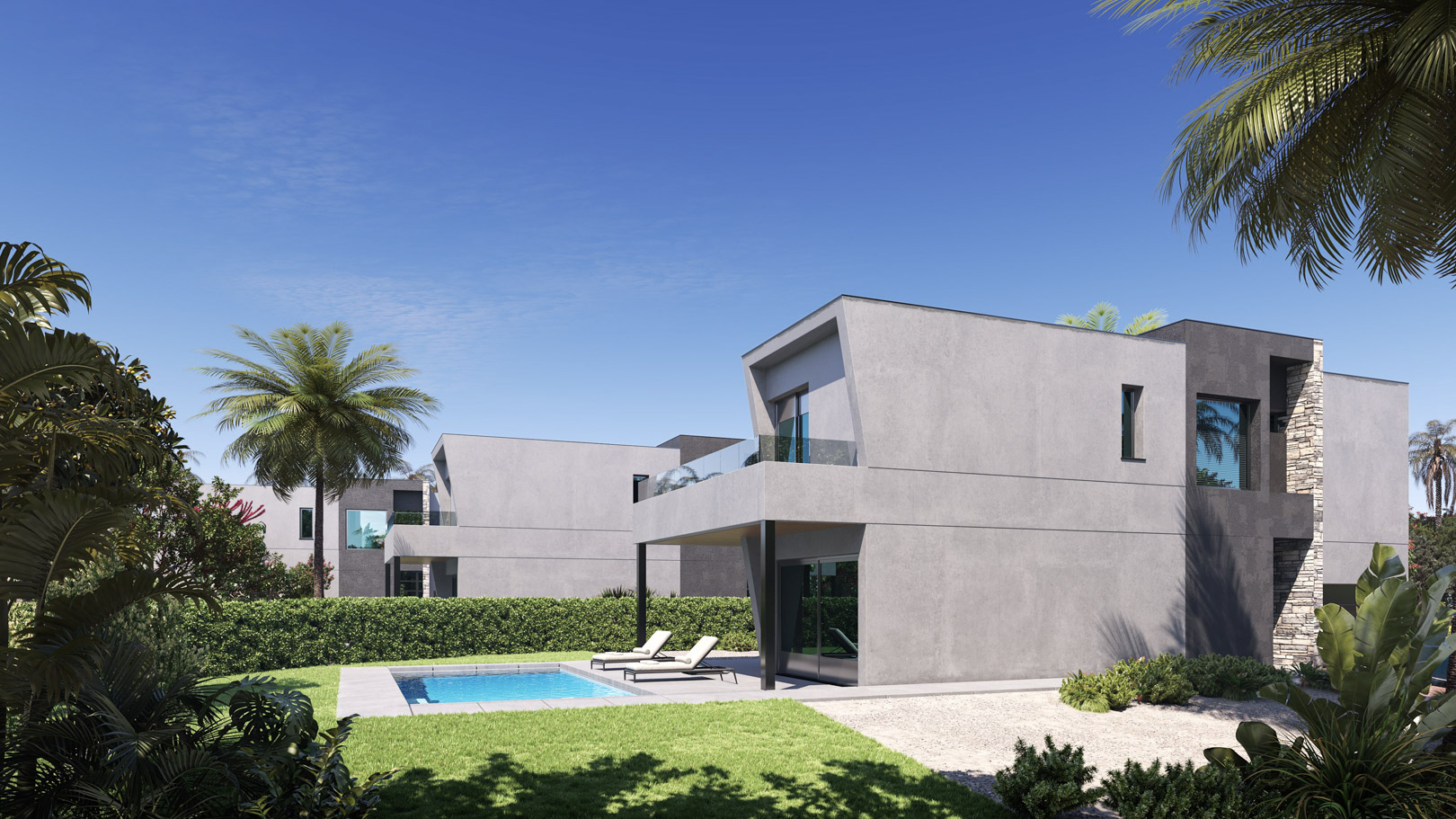 Exterior de la villa moderna con fachada gris, piscina privada y terraza cubierta. Destaca la arquitectura de líneas rectas con detalles en piedra y jardín mediterráneo.