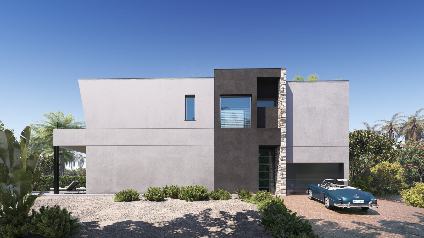 Fachada moderna con líneas geométricas, acabados en piedra natural y tonos grises. Incluye garaje integrado y jardín mediterráneo con grava y palmeras.