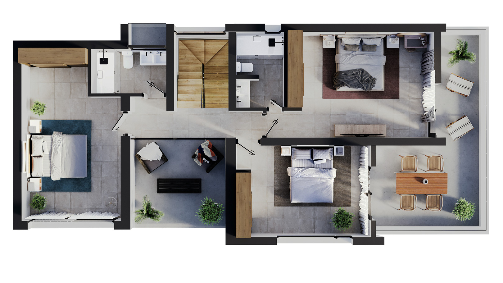 Plano 3D de la planta superior con tres dormitorios, dos baños, escalera de madera y amplias terrazas privadas con mobiliario de exterior y zonas de comedor.