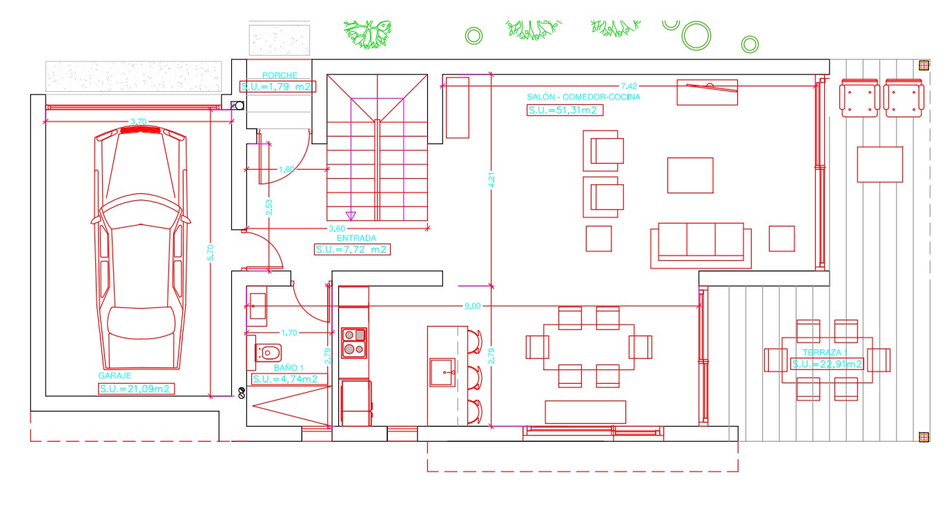Plano de la planta baja con salón-comedor-cocina de 51,31 m², garaje de 21,09 m² y una amplia terraza exterior de 22,91 m² conectada al área social.