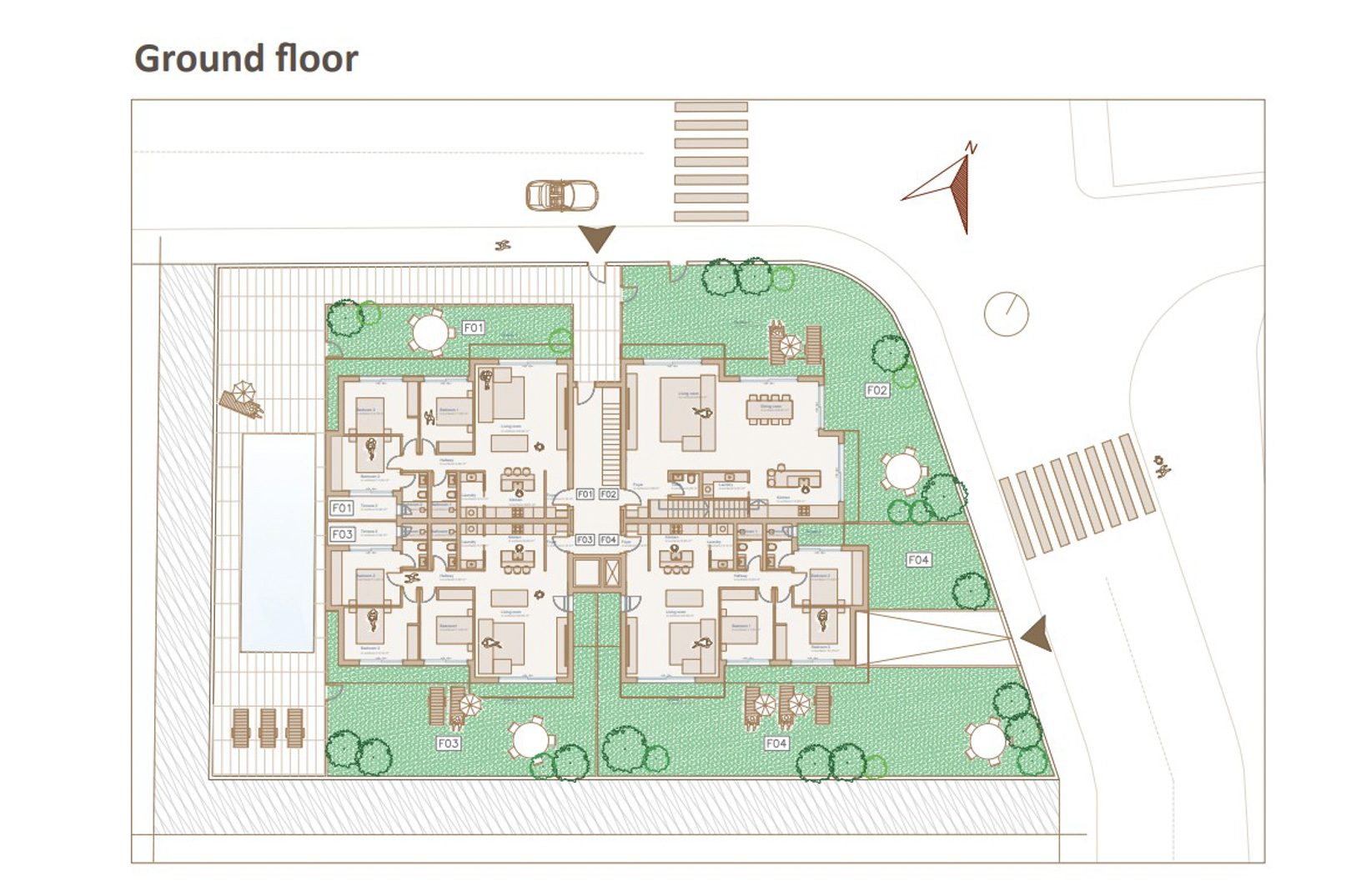 Plano detallado de la planta baja que muestra la distribución de cuatro apartamentos con jardines privados, zonas comunes y piscina comunitaria.