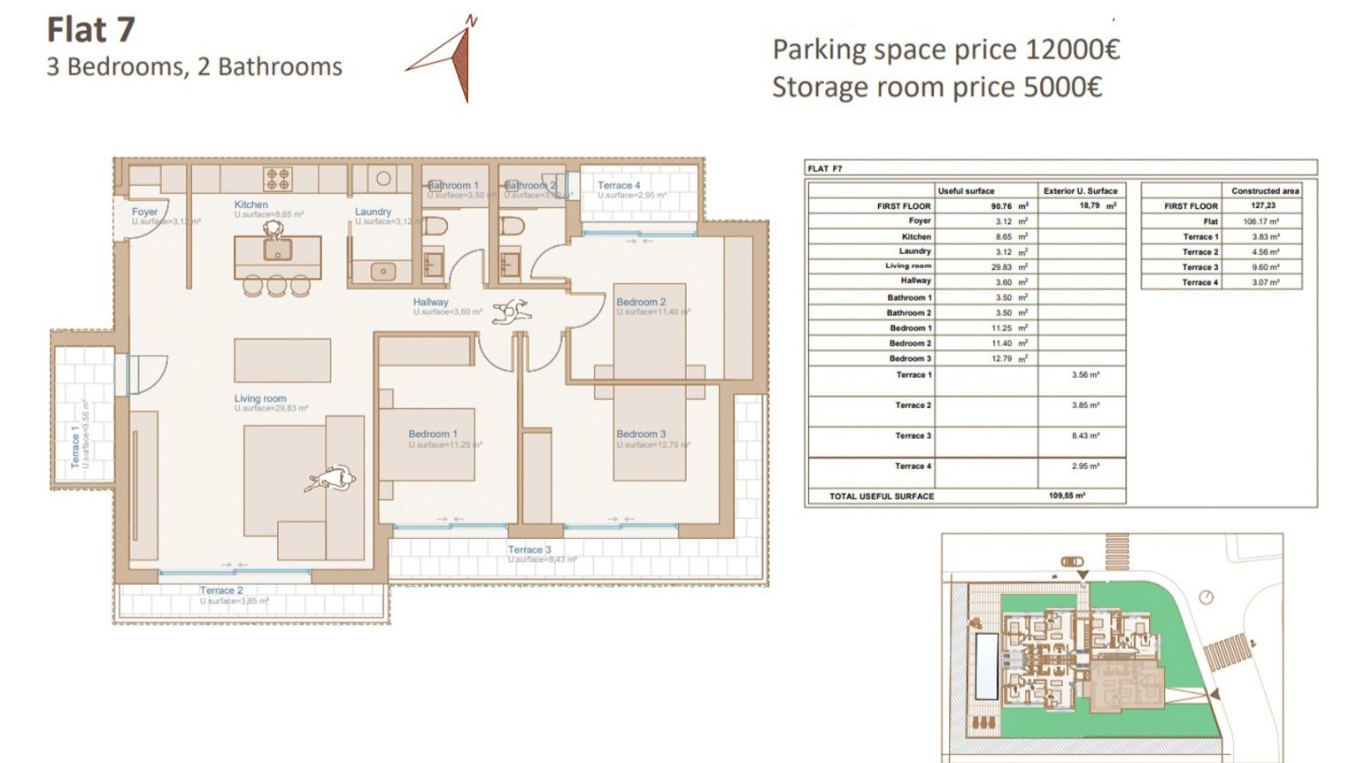 Plano detallado del Apartamento 7 que muestra una distribución de tres dormitorios, dos baños, cocina con isla y cuatro terrazas privadas con 109,55 m² útiles totales.