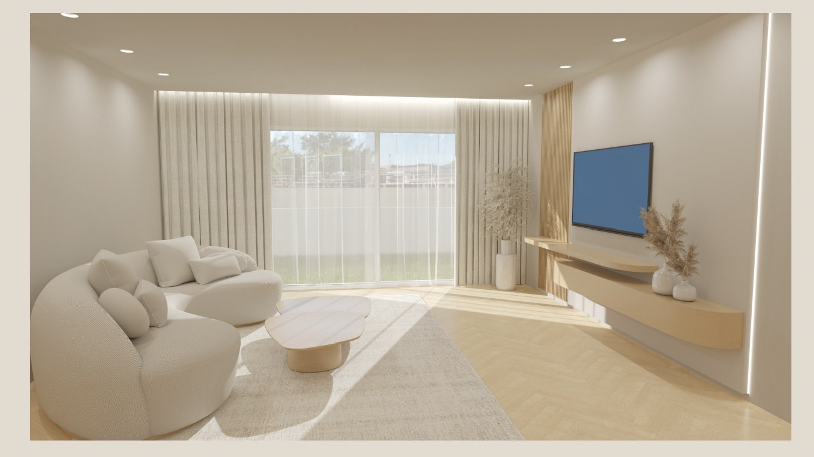 Salón minimalista con suelo de madera en espiga, sofá curvo y grandes ventanales. Incluye panelado de madera con estanterías flotantes y abundante luz natural.
