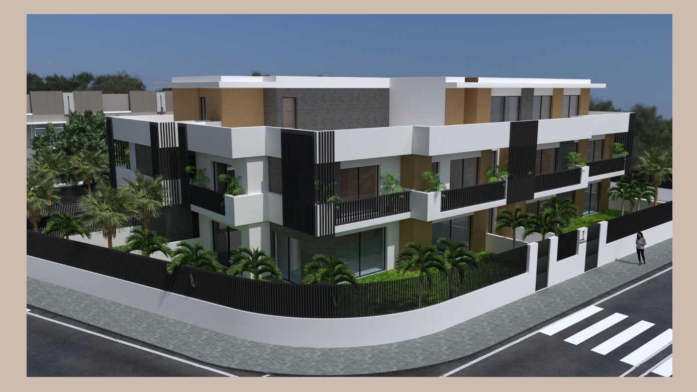Vista exterior del edificio moderno con fachada en blanco, gris y madera, destacando sus jardines privados perimetrales y terrazas con lamas verticales negras.