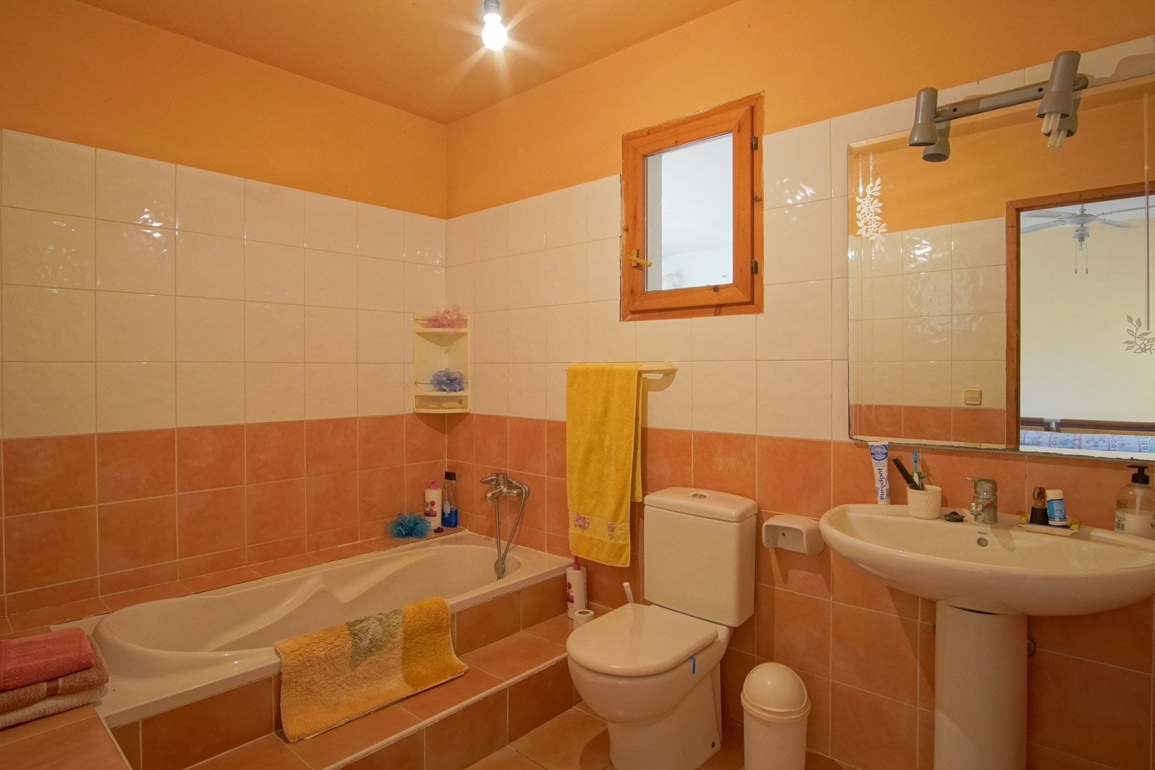 Baño funcional con alicatado bicolor en blanco y salmón, bañera integrada con escalón, lavabo de pedestal y una ventana con carpintería de madera natural.