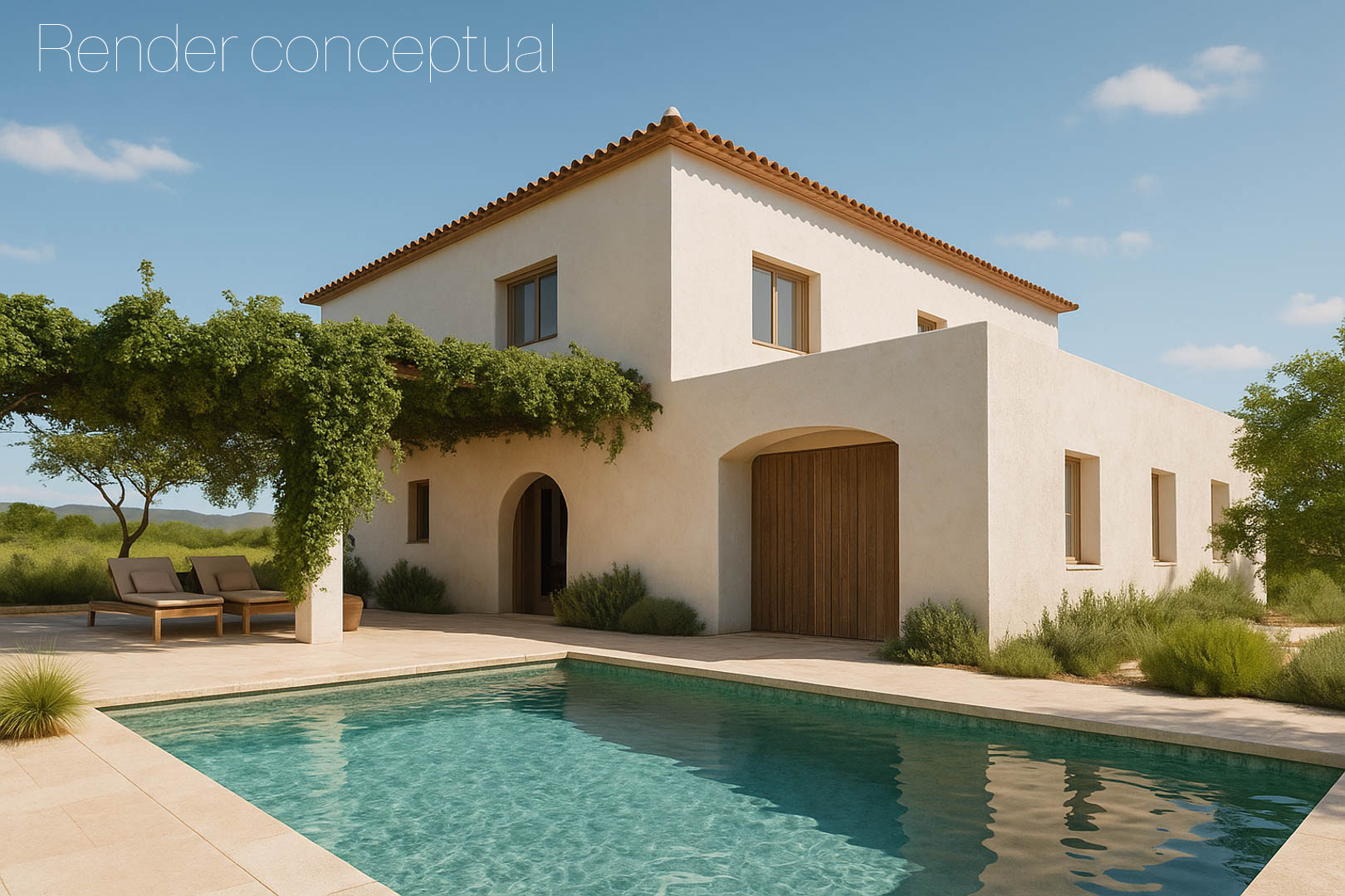 Render conceptual de una finca mediterránea con fachada de mortero claro, piscina rectangular y porche sombreado por vegetación natural en una parcela llana.