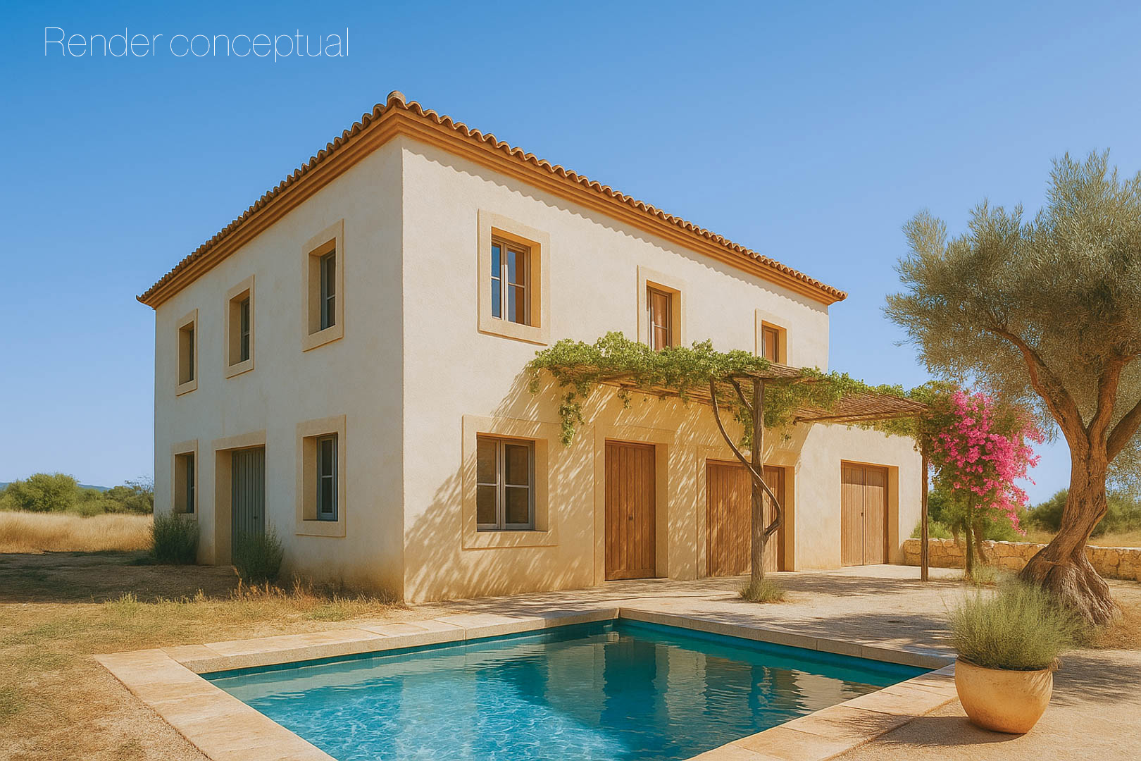 Render conceptual de una finca mediterránea con fachada en tonos arena, piscina rectangular y pérgola de madera integrada en un entorno natural con olivos.