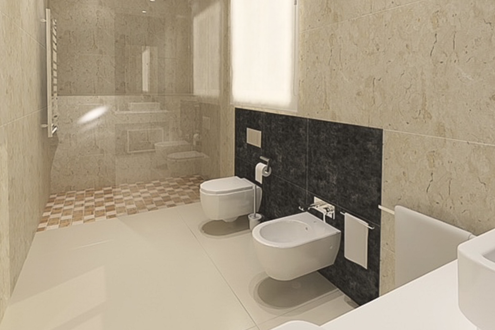 Cuarto de baño moderno con inodoro y bidé suspendidos sobre pared de contraste oscuro, ducha a ras de suelo con suelo de mosaico y revestimiento cerámico efecto mármol.