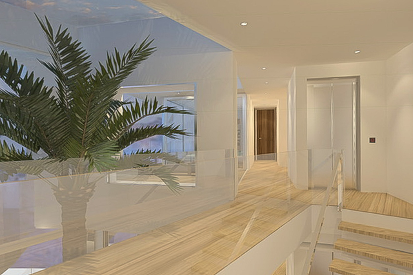 Distribuidor en planta superior con suelos de madera clara, barandilla de cristal y ascensor integrado. Destaca el atrio acristalado con una palmera y luz cenital empotrada.