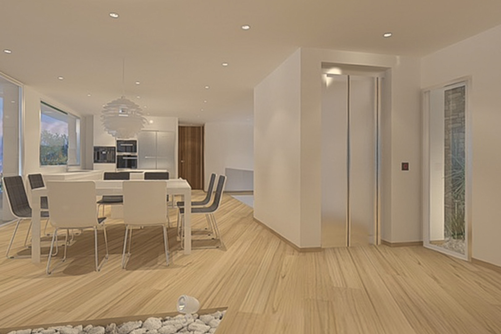 Salón comedor de concepto abierto con suelos de madera clara, iluminación empotrada y un ascensor privado integrado. Incluye mobiliario moderno y cocina de diseño.