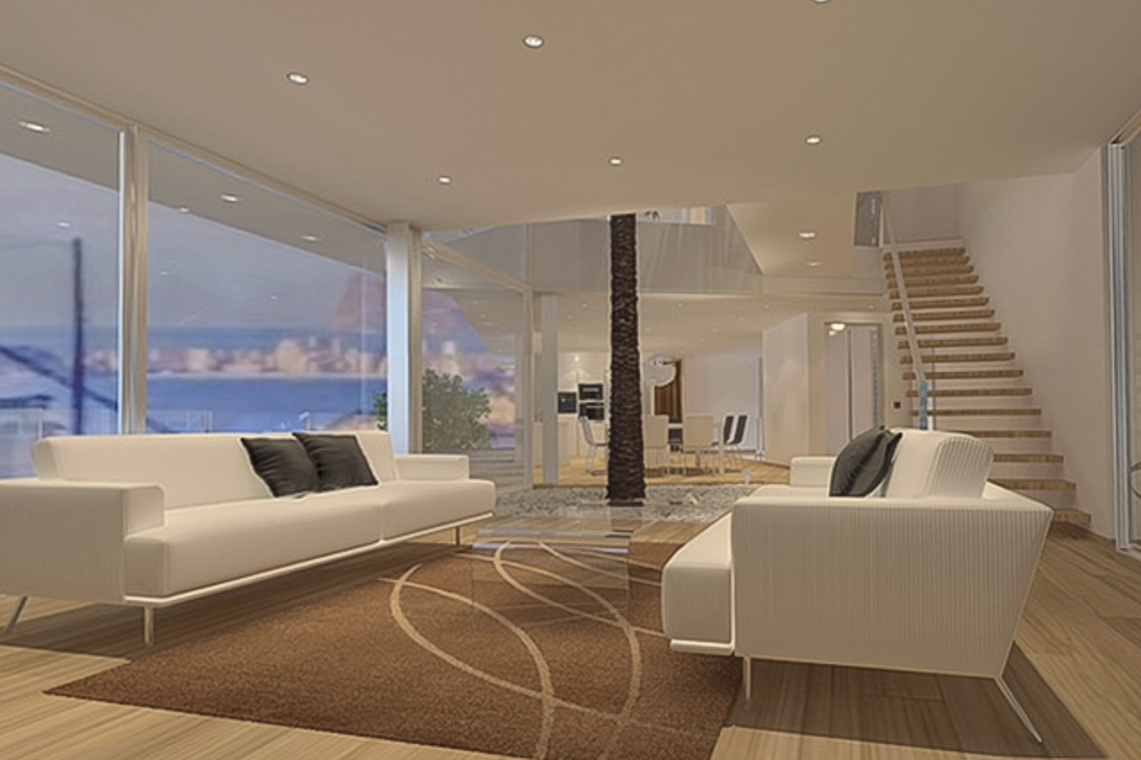 Salón de concepto abierto con amplios ventanales, vistas panorámicas al mar, suelos de madera y un atrio central con palmera que conecta con el comedor.