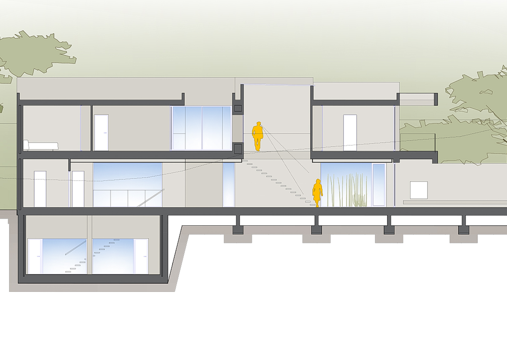 Sección arquitectónica del anteproyecto que muestra la distribución técnica de tres niveles, incluyendo sótano, amplios ventanales y escaleras interiores.
