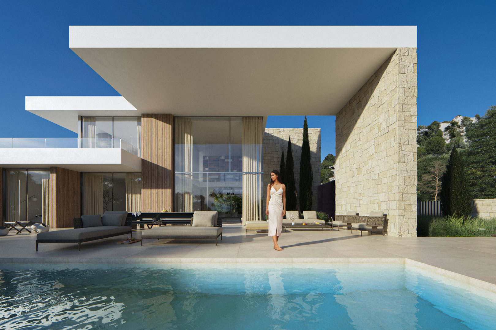 Exterior con porche voladizo, muros de piedra natural y piscina infinita. Grandes ventanales de doble altura integran el salón con la terraza y el paisaje.