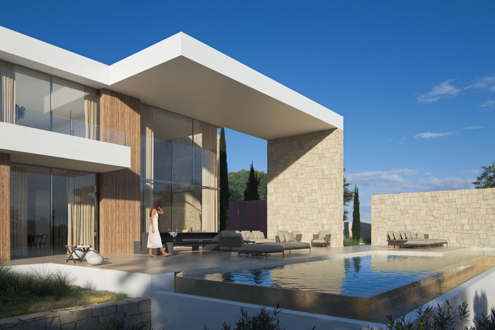 Fachada exterior con porche voladizo, muros de piedra natural y piscina infinita. Grandes ventanales integran el salón con la terraza y la zona de estar exterior.