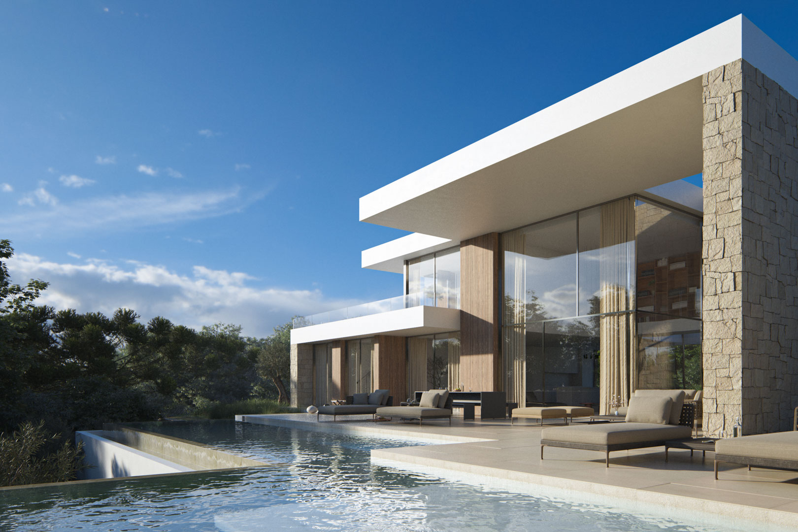 Fachada exterior contemporánea con piscina infinita de varios niveles, muros de piedra natural y grandes ventanales que integran el interior con la terraza solárium.