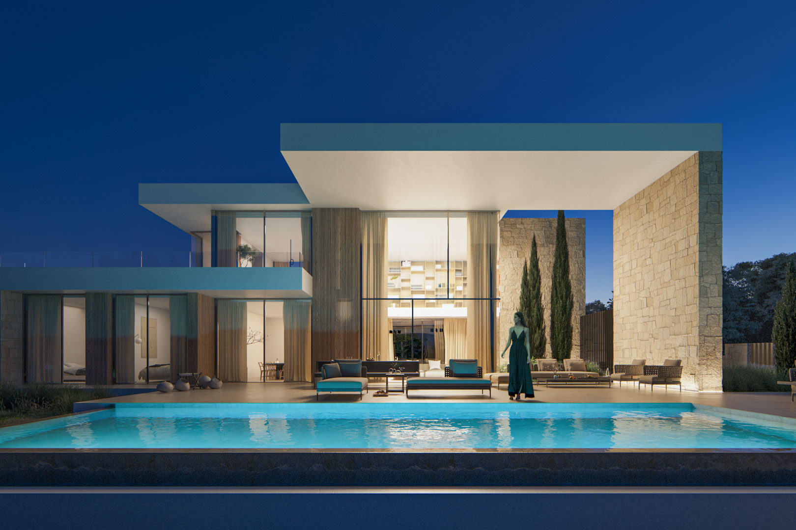 Fachada exterior nocturna con piscina infinita iluminada, amplios ventanales de doble altura y muros de piedra natural que integran la arquitectura con el entorno.